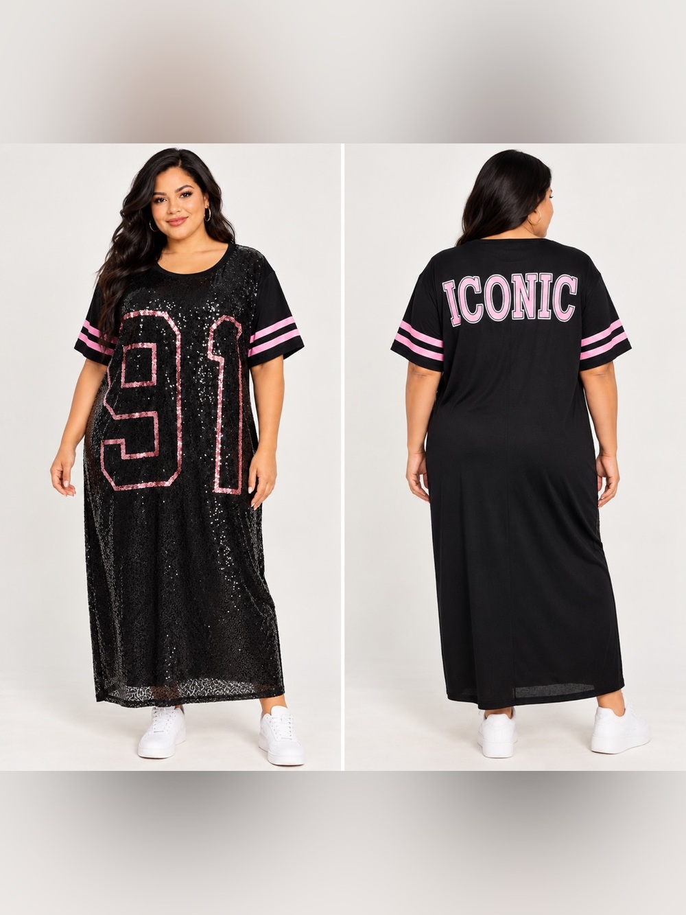 Ashley Stewart 2X Black Sequin 91 Iconic Maxi T-Shirt Dress